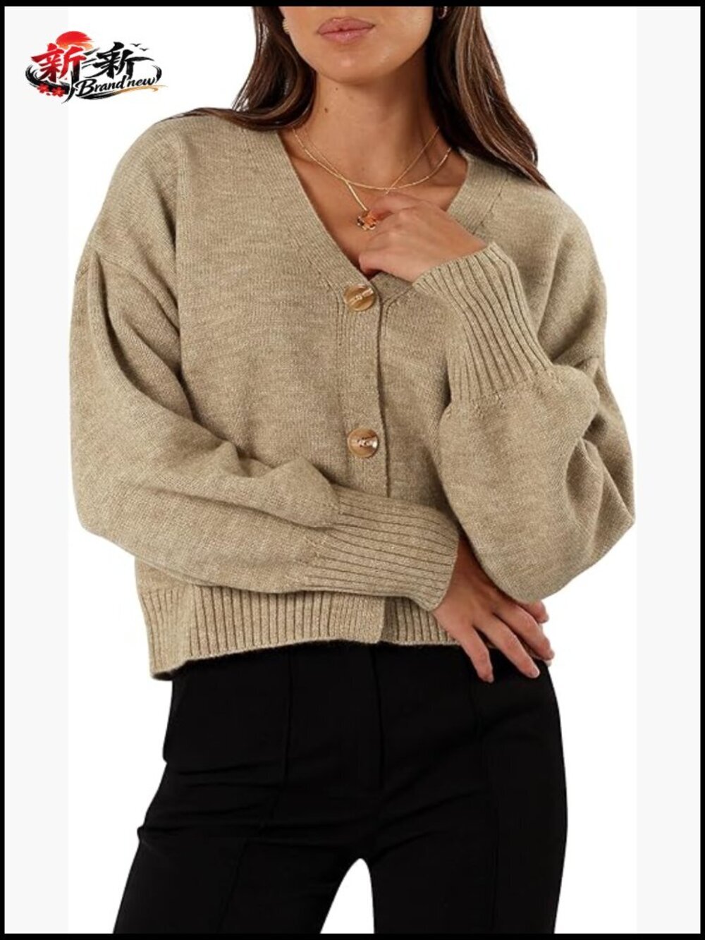 V Neck Cropped Cardigan Lightweight Lantern Long Sleeve Button Down Sweater